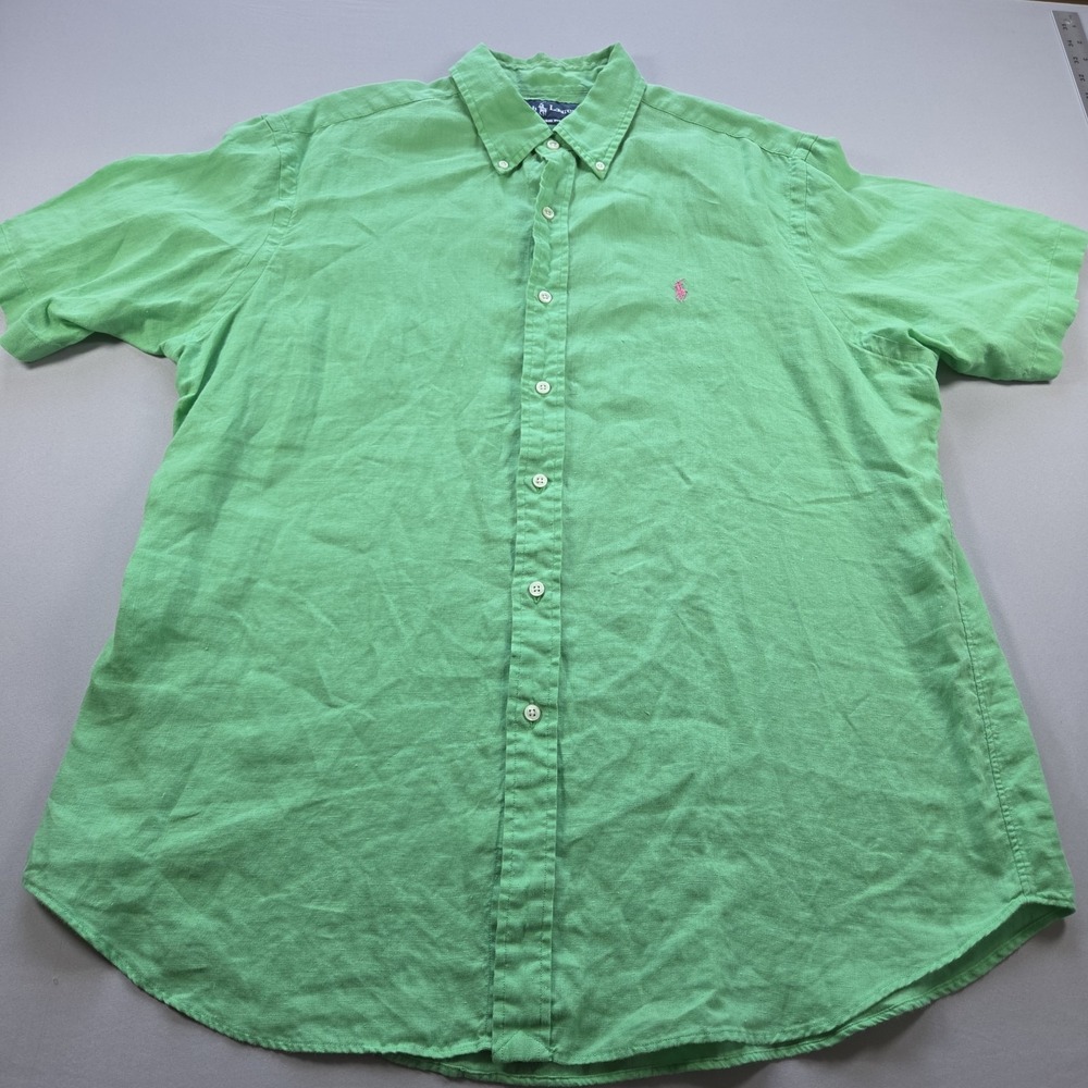 Polo Ralph Lauren Mens Size XL Green 100% Linen Button Up Shirt Pink Pony S/S